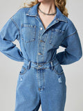 Distressed Button Down Drop Shoulder Denim Jumpsuit - Hovatok