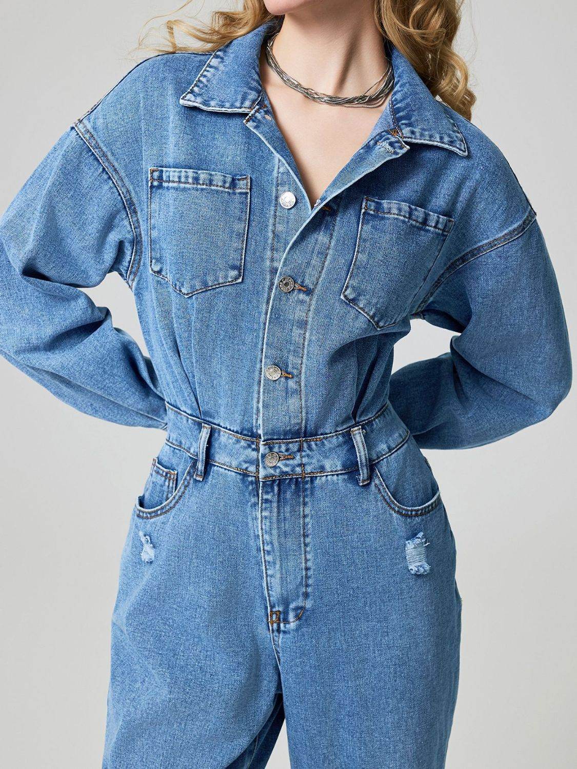 Distressed Button Down Drop Shoulder Denim Jumpsuit - Hovatok