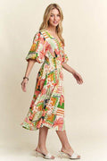 ADORA Floral V-Neck Puff Sleeve Midi Dress - Hovatok