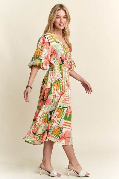 ADORA Floral V-Neck Puff Sleeve Midi Dress - Hovatok