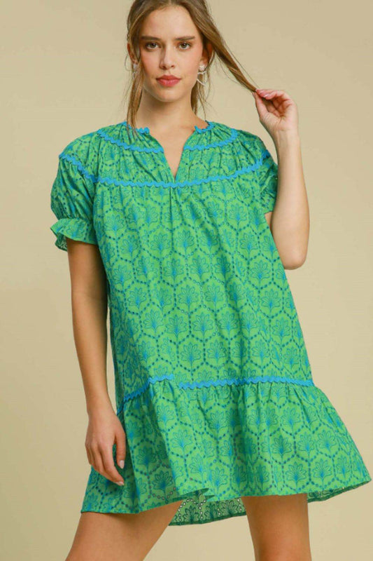 Umgee Full Size Eyelet Mini Dress With Ric Rac Trim Plus Size - Hovatok