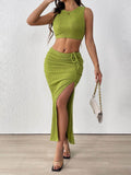 Perfee Texture Cropped Tank and Ruched Skirt Set - Hovatok