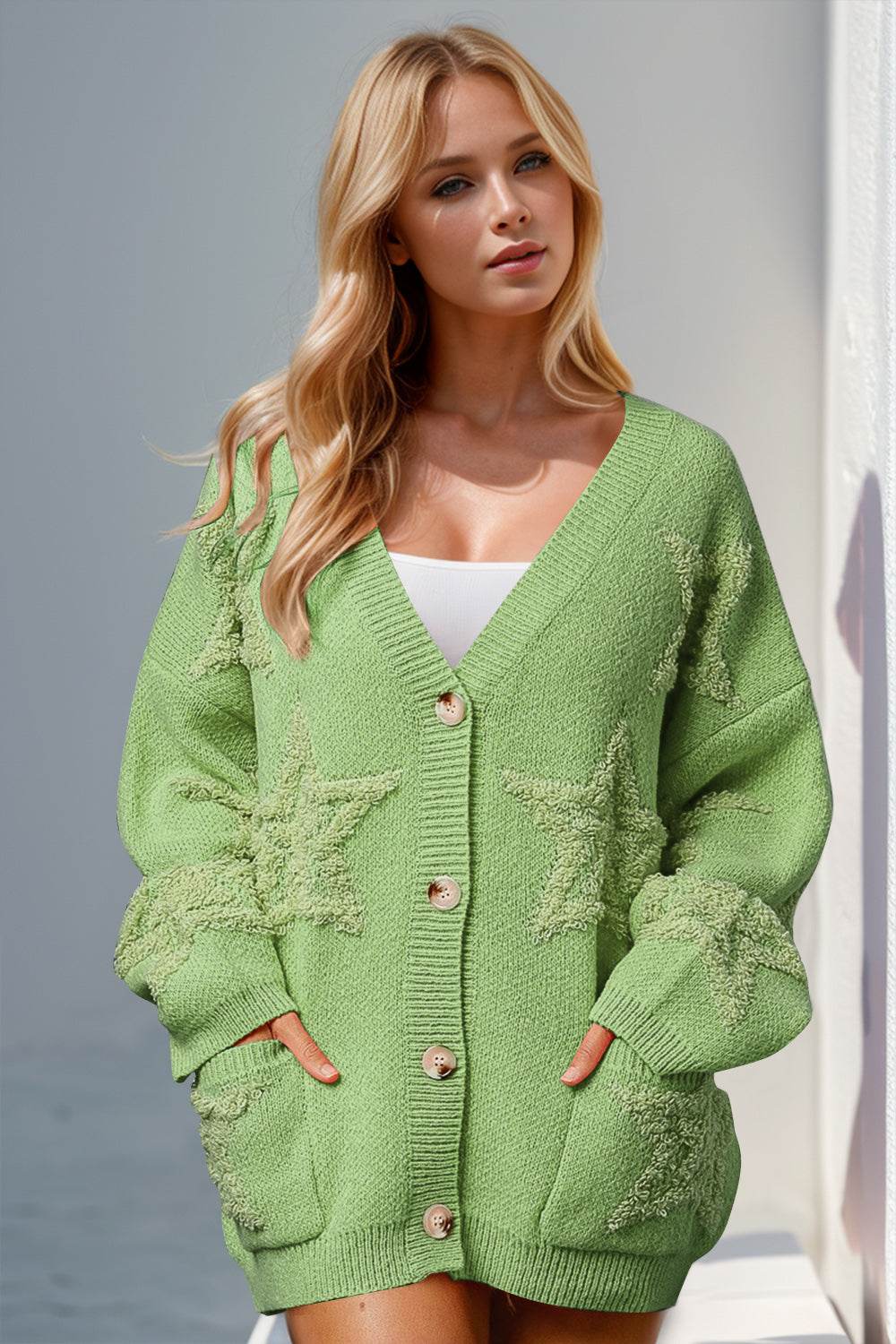 Double Take Full Size Button Up Star Pattern Cardigan - Hovatok