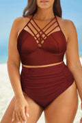 Full Size Halter Neck Crisscross Ruched Two-Piece Swimsuit - Hovatok
