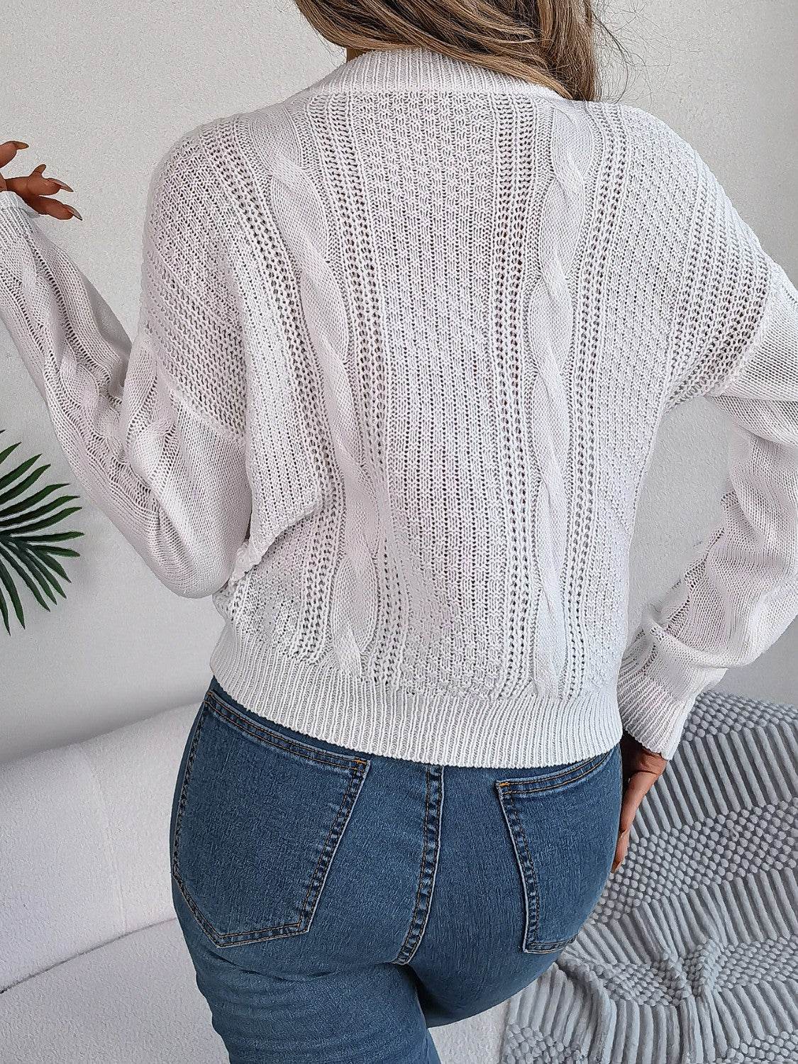 Cable-Knit Buttoned Round Neck Sweater - Hovatok