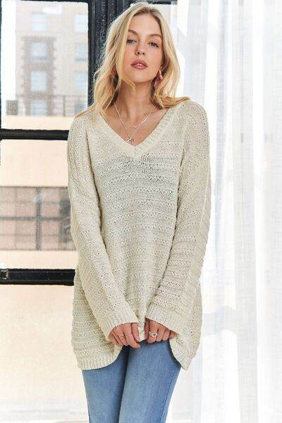 ADORA V-Neck Drop Shoulder Long Sleeve Sweater - Hovatok
