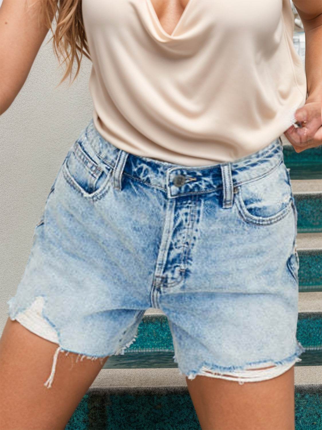 Distressed Mid-Rise Waist Denim Shorts - Hovatok
