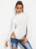 Backless Tie-Waist Turtleneck Lantern Sleeve Bodysuit - Hovatok