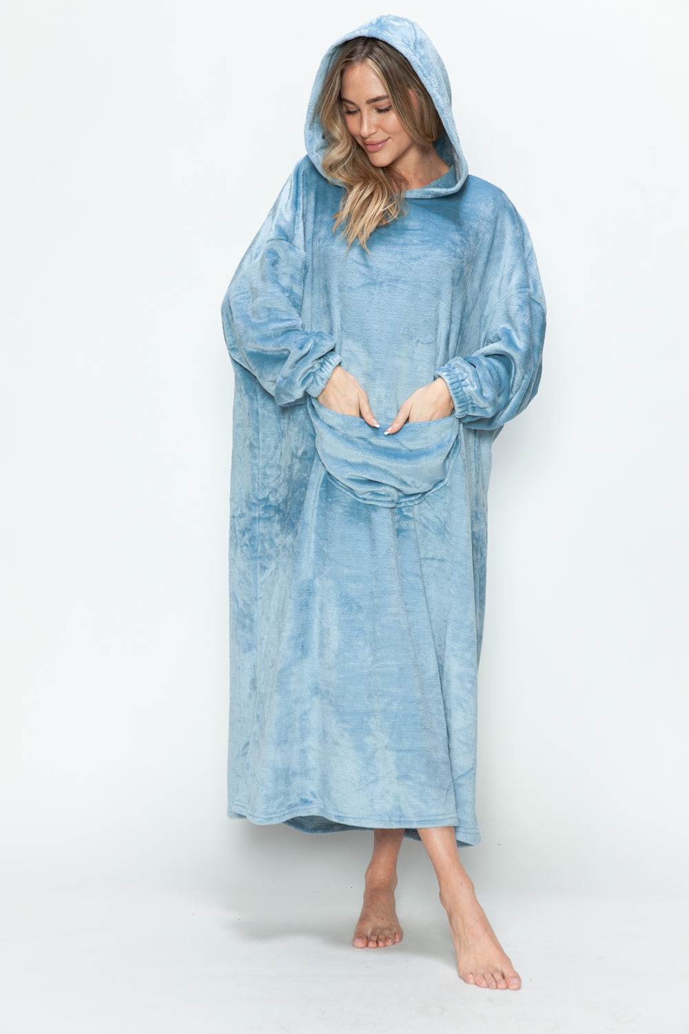 Double Take Full Size Pocketed Hooded Midi Lounge Dress - Hovatok