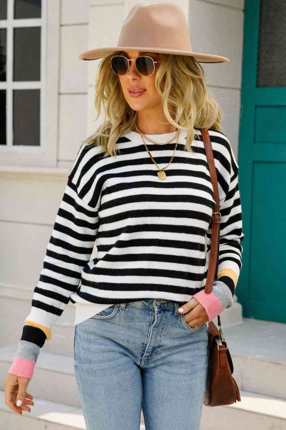 Angel Wings Warm Spice Striped Round Neck Sweater - Hovatok