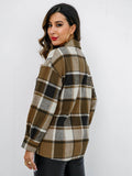 Shiny Plaid Button Up Collared Neck Jacket - Hovatok