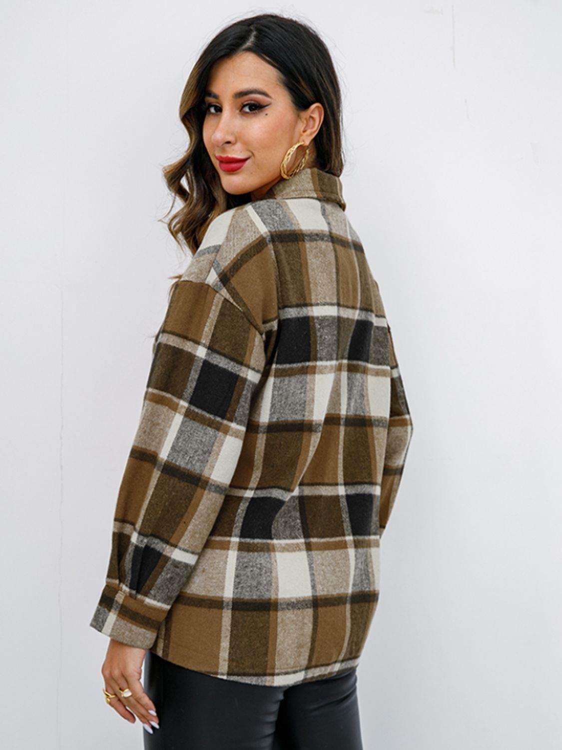 Shiny Plaid Button Up Collared Neck Jacket - Hovatok