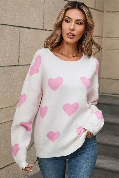 Angel Wings Heart Round Neck Dropped Shoulder Sweater - Hovatok