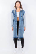 American Bazi Contrast Longline Hooded Denim Jacket - Hovatok