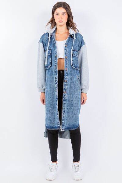 American Bazi Contrast Longline Hooded Denim Jacket - Hovatok