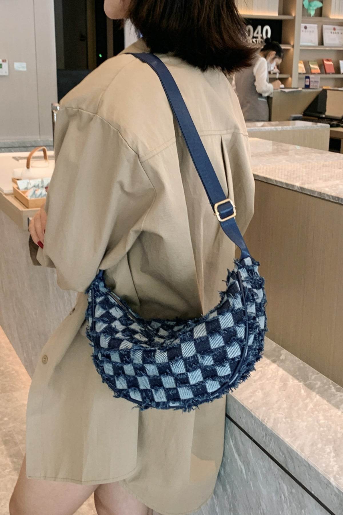 Raw Hem Checkered Denim Crossbody Bag - Hovatok