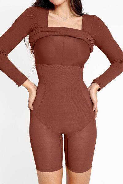 Basic Bae Full Size Built-In Shapewear Square Neck Long Sleeve Dress - Hovatok