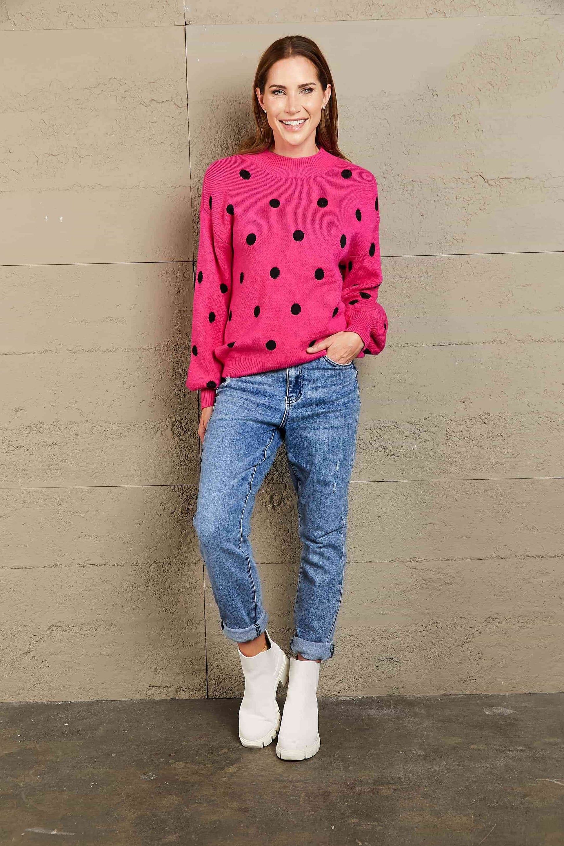 Angel Wings Woven Right Polka Dot Round Neck Dropped Shoulder Sweater - Hovatok