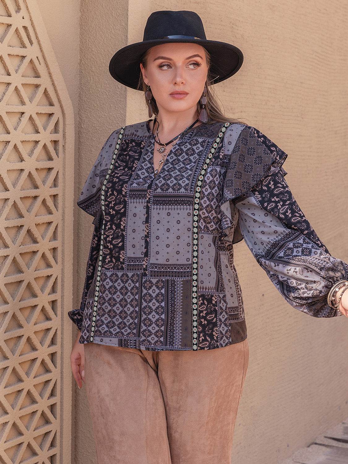 Plus Size Ruffled Printed Notched Long Sleeve Blouse - Hovatok