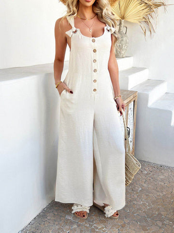 Devine Button Front Knotted Strap Wide Leg Jumpsuit - Hovatok