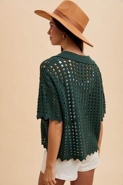 Annie Wear Openwork Johnny Collar Knit Cover Up - Hovatok
