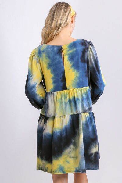 Umgee Full Size Tie Dye Round Neck Long Sleeve Babydoll Tiered Dress Plus Size - Hovatok