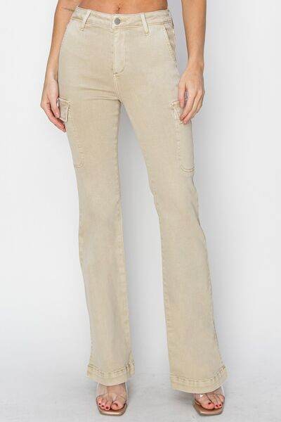 RISEN Full Size High Rise Side Slit Cargo Bootcut Jeans - Hovatok
