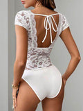 Perfee Lace Backless V-Neck Cap Sleeve Bodysuit - Hovatok