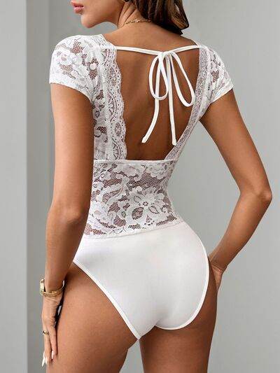Perfee Lace Backless V-Neck Cap Sleeve Bodysuit - Hovatok