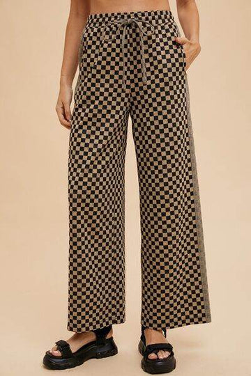 Annie Wear Drawstring Checkered Wide Leg Pants - Hovatok