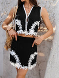 Devine Contrast Lace Vest and Skirt Set - Hovatok