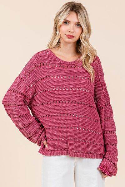 Mittoshop Openwork Round Neck Drop Shoulder Sweater - Hovatok
