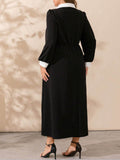 Plus Size Contrast Collared Neck Long Sleeve Midi Dress - Hovatok