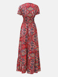 Full Size Smocked Printed V-Neck Short Sleeve Dress - Hovatok