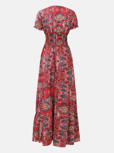 Full Size Smocked Printed V-Neck Short Sleeve Dress - Hovatok