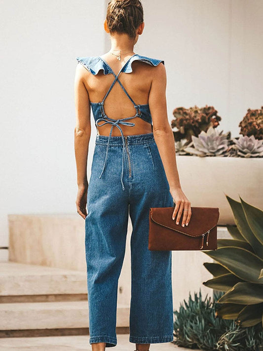 Ruffled Backless Sleeveless Denim Jumpsuit - Hovatok