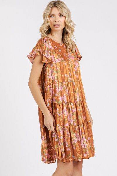 Mittoshop Flower Print Round Neck Flutter Sleeve Tiered Dress - Hovatok
