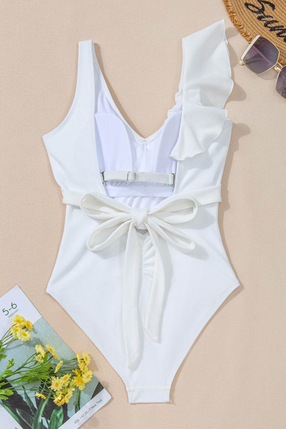 Ruffled V-Neck Wide Strap One-Piece Swimwear - Hovatok
