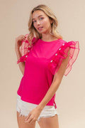 BiBi Pearl Decor Mesh Ruffle Sleeve Top - Hovatok