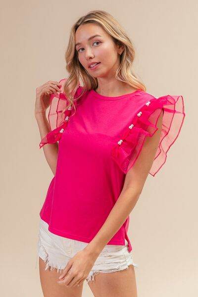 BiBi Pearl Decor Mesh Ruffle Sleeve Top - Hovatok