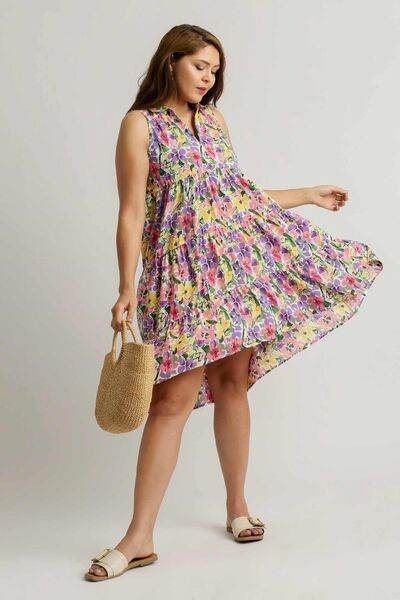 Umgee Full Size High-Low Hem Floral Sleeveless Tiered Dress Plus Size - Hovatok