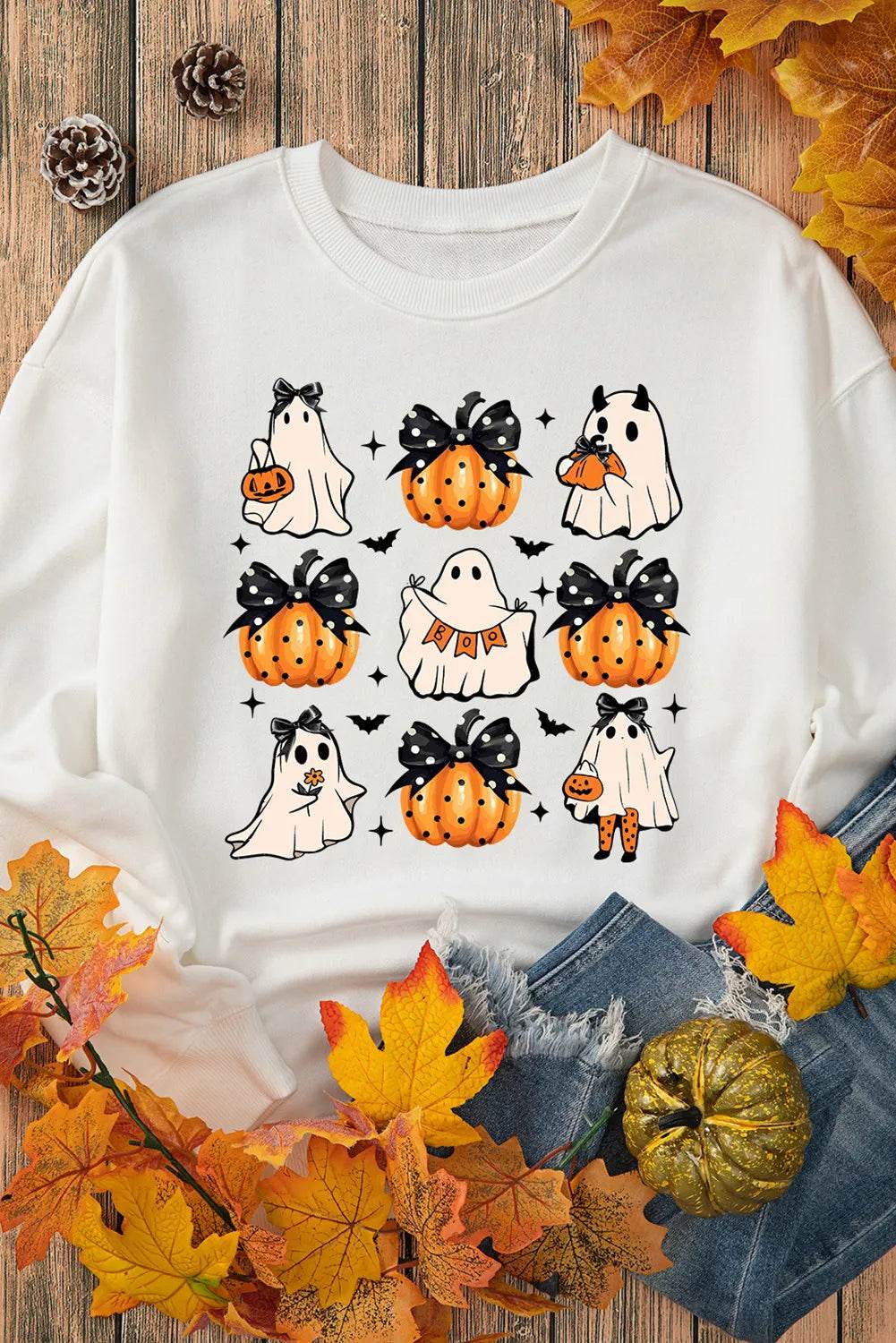 Pumpkin & Ghost Round Neck Long Sleeve Sweatshirt - Hovatok