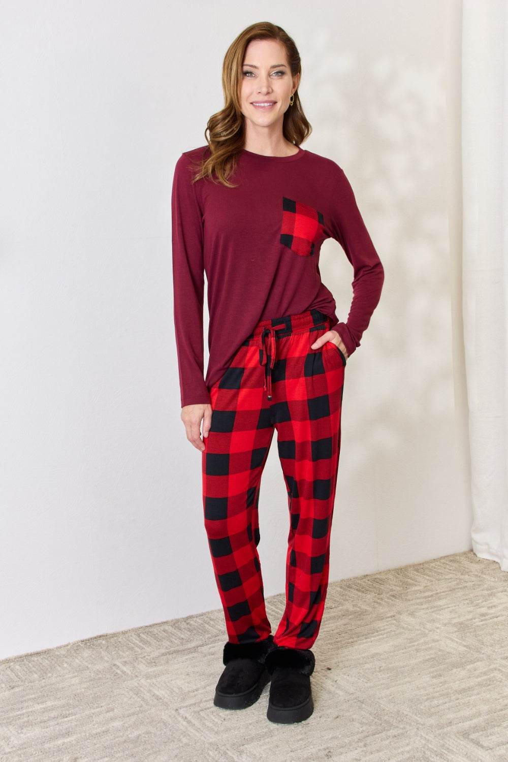 Zenana Full Size Plaid Round Neck Top and Pants Pajama Set - Hovatok