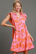 Umgee Full Size Floral Print Ruffle Cap Sleeve Tiered Dress Plus Size - Hovatok