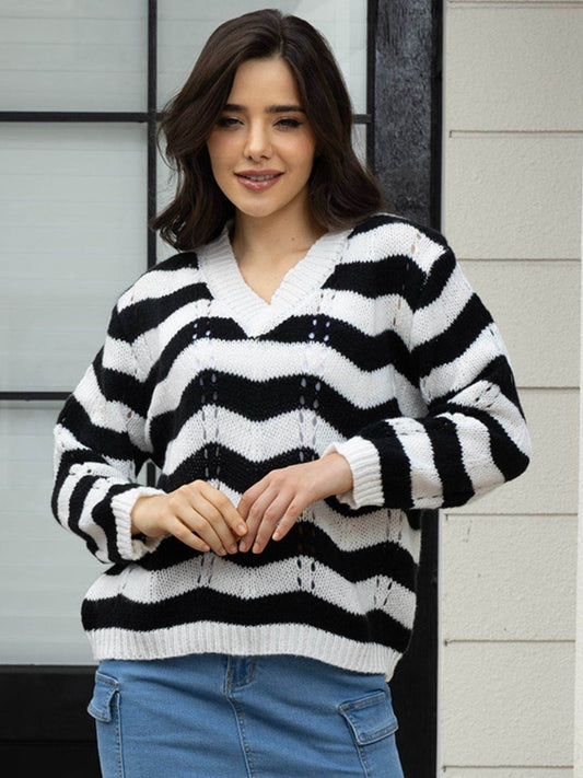 Openwork Striped V-Neck Sweater - Hovatok