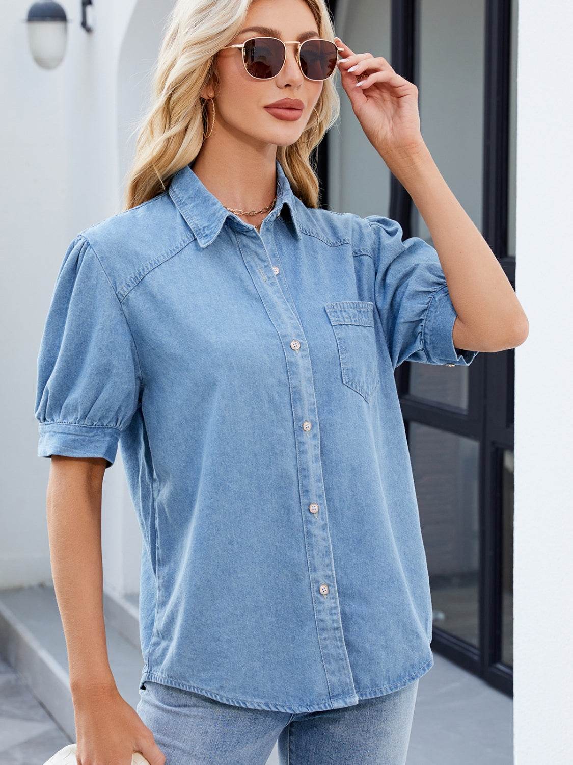 Collared Neck Button Up Denim Shirt - Hovatok