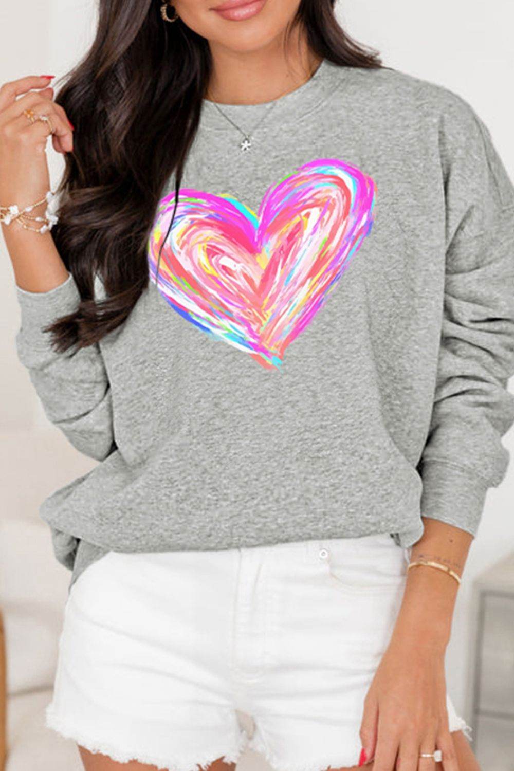 Valentine’s Day Heart Round Neck Drop Shoulder Sweatshirt - Hovatok