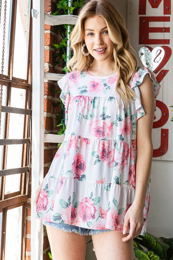 Heimish Full Size Butterfly Short Sleeve Round Neck Floral Print Tiered Top Plus Size - Hovatok