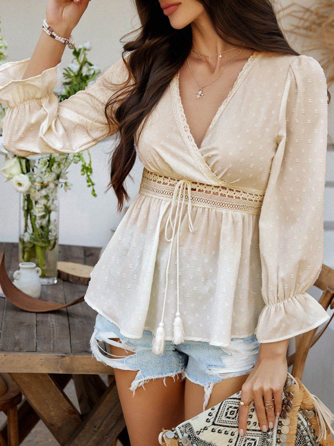 Devine Swiss Dot Lace Detail Surplice Flounce Sleeve Blouse - Hovatok