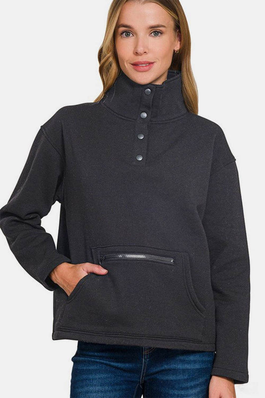 Zenana Turtleneck Half Snap Fleece Sweatshirt - Hovatok
